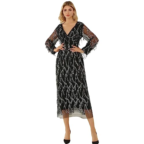 Jamron Damen Umkehrbar Elegant V-Ausschnitt Pailletten Quaste Tüllkleid Lange Abendkleid Hochzeitskleid SN0703118 Schwarz S von Jamron
