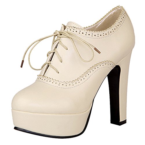 Jamron Damen Vintage Hoch Plateau Blockabsatz Pumps Elegant Brogue Oxfords Schnürhalbschuhe Beige SN02833 EU37 von Jamron