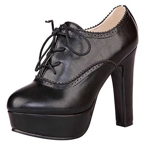 Jamron Damen Vintage Hoch Plateau Blockabsatz Pumps Elegant Brogue Oxfords Schnürhalbschuhe Schwarz SN02833 EU43.5 von Jamron