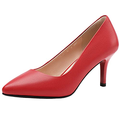 Jamron Damen Volles Echtes Leder 7CM High Heels Elegant Spitze Zehen Pumps Büro Arbeitsschuhe Rot SN602C015-2 EU36 von Jamron