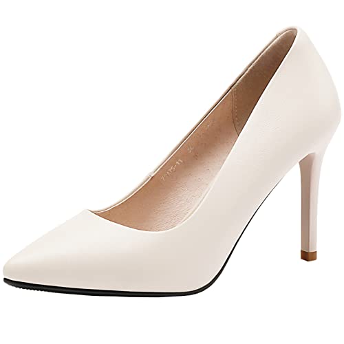 Jamron Damen Volles Echtes Leder 9CM High Heels Elegant Spitze Zehen Pumps Büro Arbeitsschuhe Beige SN602C015-3 EU40 von Jamron