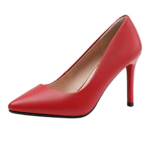 Jamron Damen Volles Echtes Leder 9CM High Heels Elegant Spitze Zehen Pumps Büro Arbeitsschuhe Rot SN602C015-3 EU36 von Jamron