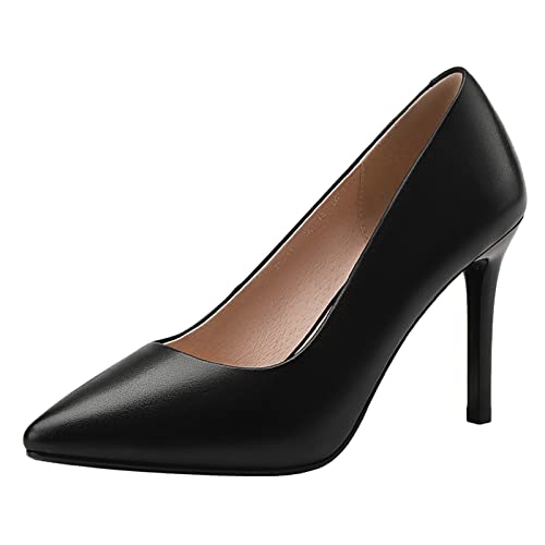 Jamron Damen Volles Echtes Leder 9CM High Heels Elegant Spitze Zehen Pumps Büro Arbeitsschuhe Schwarz SN602C015-3 EU39.5 von Jamron