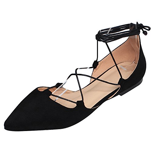 Jamron Damen Weich Faux Wildleder Flach Spitze Pumps Schick Kreuz Schnüren Ballerinas Schuhe Schwarz SN02323 EU38 von Jamron