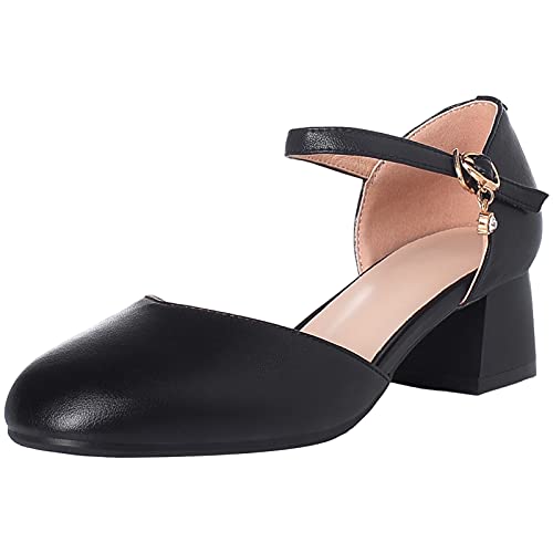 Jamron Damen Weich Leder Mid Blockabsatz Fesselriemen Pumps Elegant Abendschuhe Schwarz SN02552 EU37 von Jamron