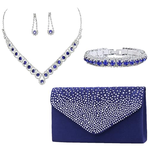 Jamron Damen Zirkon Strass 4 Stücke Schmuck und Clutch Set für Hochzeit Prom Abend Party SN0708187-2 Blau-B von Jamron