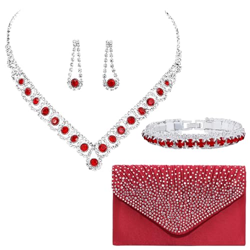 Jamron Damen Zirkon Strass 4 Stücke Schmuck und Clutch Set für Hochzeit Prom Abend Party SN0708187-2 Rot-B von Jamron