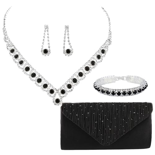 Jamron Damen Zirkon Strass 4 Stücke Schmuck und Clutch Set für Hochzeit Prom Abend Party SN0708187-2 Schwarz-A von Jamron