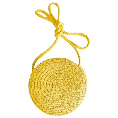 Jamron Handgefertigte Rund Strohtasche Crossbody Umhängetasche Böhmische Strandtasche mit Reißverschluss SN0702152 Mini Gelb von Jamron