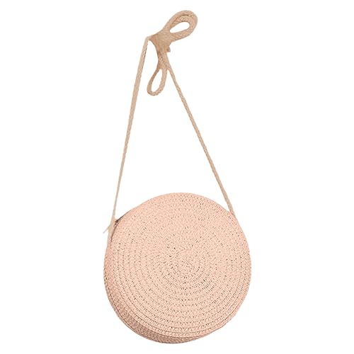 Jamron Handgefertigte Rund Strohtasche Crossbody Umhängetasche Böhmische Strandtasche mit Reißverschluss SN0702152 Mittel Rosa von Jamron