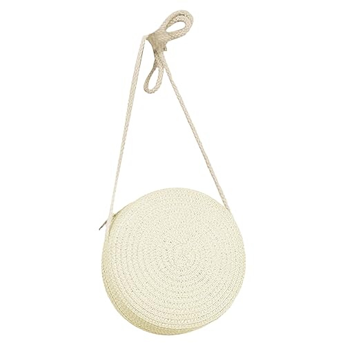 Jamron Handgefertigte Rund Strohtasche Crossbody Umhängetasche Böhmische Strandtasche mit Reißverschluss SN0702152 Mittel Weiß von Jamron