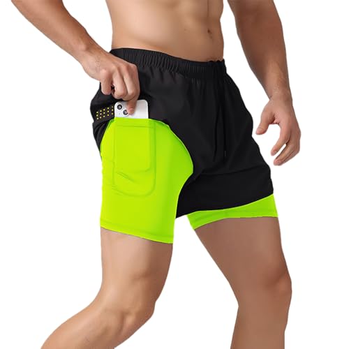 Jamron Herren 2 in 1 Laufshorts Atmungsaktiv Schnell Trocknende Gym Workout Training Sport Shorts mit Innenslip & Handytasche Fluoreszierendes Grün L von Jamron