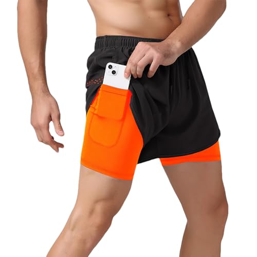 Jamron Herren 2 in 1 Laufshorts Atmungsaktiv Schnell Trocknende Gym Workout Training Sport Shorts mit Innenslip & Handytasche Fluoreszierendes Orange XXL von Jamron