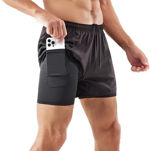 Jamron Herren 2 in 1 Laufshorts Atmungsaktiv Schnell Trocknende Gym Workout Training Sport Shorts mit Innenslip & Handytasche Schwarz Kariert M von Jamron