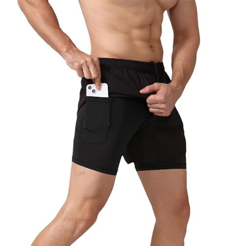 Jamron Herren 2 in 1 Laufshorts Atmungsaktiv Schnell Trocknende Gym Workout Training Sport Shorts mit Innenslip & Handytasche Schwarz XXL von Jamron
