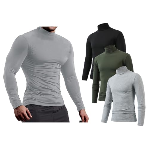 Jamron Herren 3er-Pack Langarm Kompressionsshirt - Funktionsshirt Laufshirt Fitnessshirt mit Stehkragen - Thermo Baselayer Unterhemden Schwarz + Armeegrün + Hellgrau XXL von Jamron