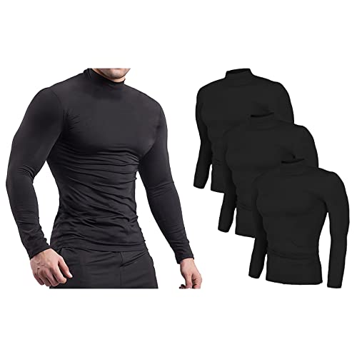 Jamron Herren 3er-Pack Langarm Kompressionsshirt - Funktionsshirt Laufshirt Fitnessshirt mit Stehkragen - Thermo Baselayer Unterhemden Schwarz + Schwarz + Schwarz M von Jamron
