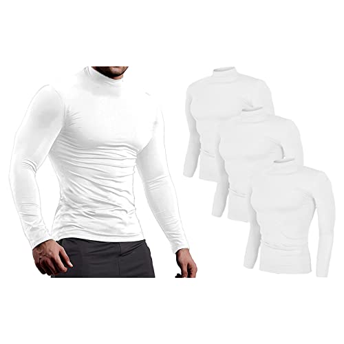 Jamron Herren 3er-Pack Langarm Kompressionsshirt - Funktionsshirt Laufshirt Fitnessshirt mit Stehkragen - Thermo Baselayer Unterhemden Weiß + Weiß + Weiß S von Jamron