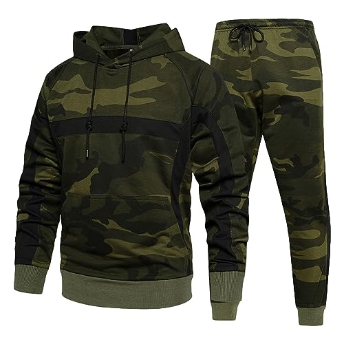 Jamron Herren Camouflage Trainingsanzug Set 2 Stück Kapuzenpullover und Jogginghosen Sportanzug Jogginganzug Streetwear Armeegrün L von Jamron