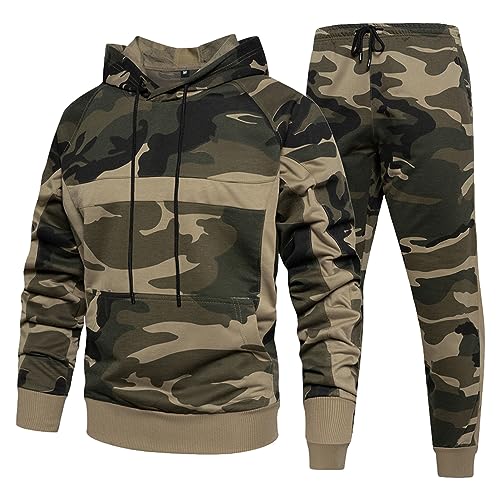 Jamron Herren Camouflage Trainingsanzug Set 2 Stück Kapuzenpullover und Jogginghosen Sportanzug Jogginganzug Streetwear Khaki XL von Jamron