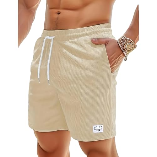 Jamron Herren Cord Shorts Sommer Elastische Taille Baumwolle Freizeitshorts Sportshorts mit Taschen Aprikose M von Jamron