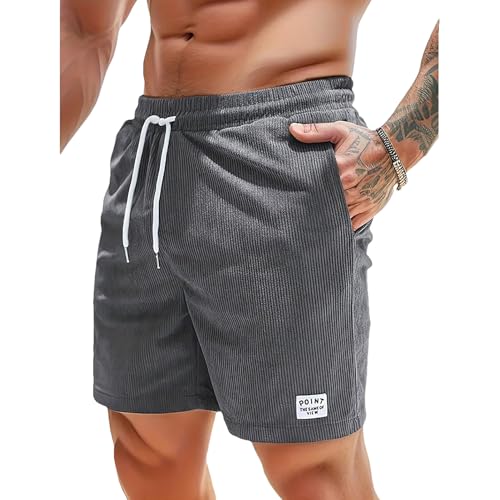 Jamron Herren Cord Shorts Sommer Elastische Taille Baumwolle Freizeitshorts Sportshorts mit Taschen Dunkelgrau M von Jamron