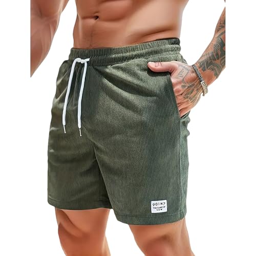 Jamron Herren Cord Shorts Sommer Elastische Taille Baumwolle Freizeitshorts Sportshorts mit Taschen Dunkelgrün XXL von Jamron