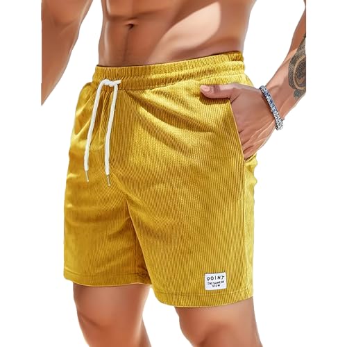 Jamron Herren Cord Shorts Sommer Elastische Taille Baumwolle Freizeitshorts Sportshorts mit Taschen Gelb L von Jamron