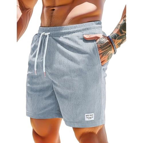 Jamron Herren Cord Shorts Sommer Elastische Taille Baumwolle Freizeitshorts Sportshorts mit Taschen Hellgrau M von Jamron