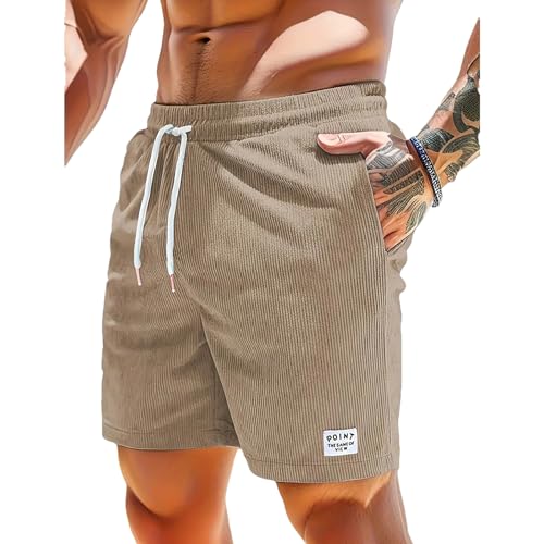 Jamron Herren Cord Shorts Sommer Elastische Taille Baumwolle Freizeitshorts Sportshorts mit Taschen Khaki XXL von Jamron