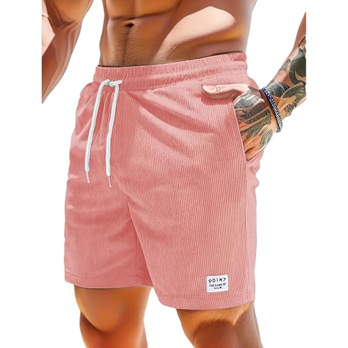 Jamron Herren Cord Shorts Sommer Elastische Taille Baumwolle Freizeitshorts Sportshorts mit Taschen Korallenrot XXL von Jamron