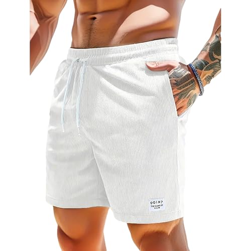 Jamron Herren Cord Shorts Sommer Elastische Taille Baumwolle Freizeitshorts Sportshorts mit Taschen Weiß XXL von Jamron