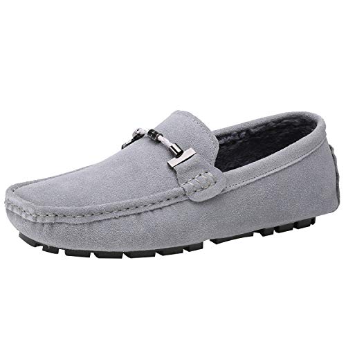 Jamron Herren Elegant Schnalle Halbschuhe Komfort Wildleder Fahrschuhe Stilvoll Mokassin Slippers Hausschuhe Pantoffeln Grau Plüsch SN19020-2 EU39.5 von Jamron