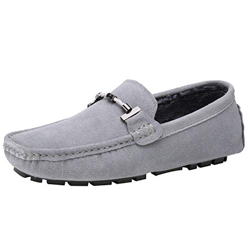 Jamron Herren Elegant Schnalle Halbschuhe Komfort Wildleder Fahrschuhe Stilvoll Mokassin Slippers Hausschuhe Pantoffeln Grau Plüsch SN19020-2 EU41 von Jamron