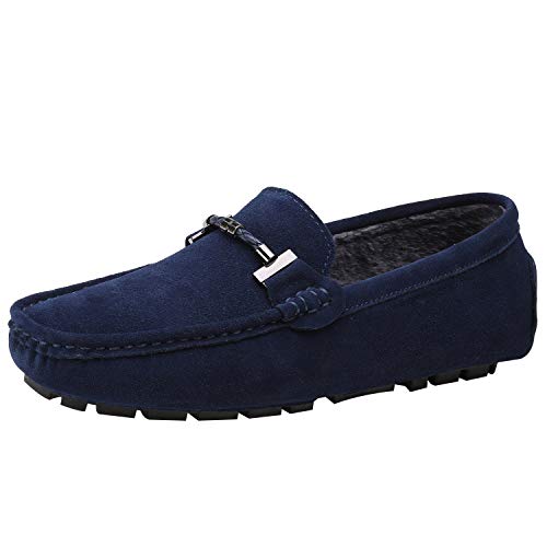 Jamron Herren Elegant Schnalle Halbschuhe Komfort Wildleder Fahrschuhe Stilvoll Mokassin Slippers Hausschuhe Pantoffeln Marineblau Plüsch SN19020-2 EU40 von Jamron