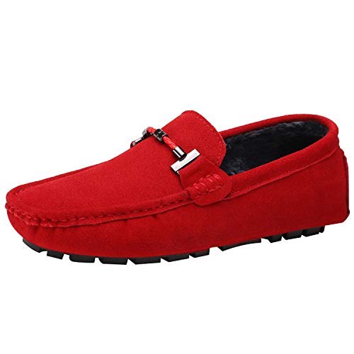 Jamron Herren Elegant Schnalle Halbschuhe Komfort Wildleder Fahrschuhe Stilvoll Mokassin Slippers Hausschuhe Pantoffeln Rot Plüsch SN19020-2 EU40 von Jamron