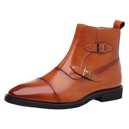 Jamron Herren Elegant Spitze Zehe Schnallenriemen Reißverschluss Stiefeletten Kunstleder Modische Stiefel Braun SN0711146 EU44.5 von Jamron