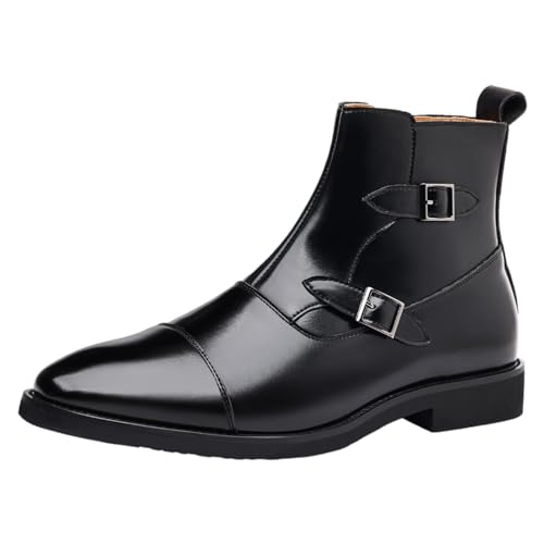 Jamron Herren Elegant Spitze Zehe Schnallenriemen Reißverschluss Stiefeletten Kunstleder Modische Stiefel Schwarz SN0711146 EU44.5 von Jamron