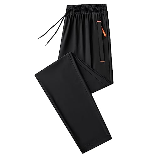 Jamron Herren Sommer Dünne Dehnbare Jogginghose Sporthose mit Reißverschlusstaschen Leichte Freizeithosen Gerade Bein Schwarz & Orange 3XL von Jamron