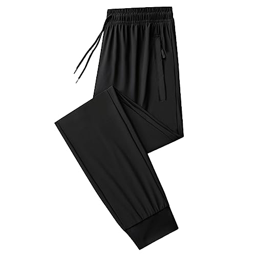 Jamron Herren Sommer Dünne Dehnbare Jogginghose Sporthose mit Reißverschlusstaschen Leichte Freizeithosen Verjüngtes Bein Schwarz M von Jamron