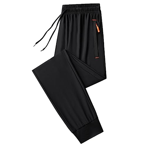 Jamron Herren Sommer Dünne Dehnbare Jogginghose Sporthose mit Reißverschlusstaschen Leichte Freizeithosen Verjüngtes Bein Schwarz & Orange 3XL von Jamron