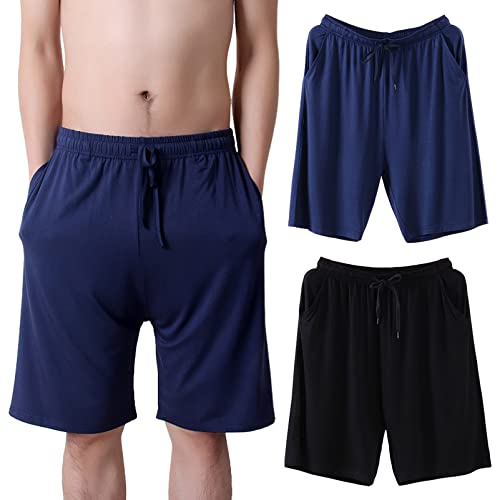 Jamron Herren Übergröße 2er Pack Kurze Schlafanzughose Pyjamahose Dehnbare Leicht Schlafshorts Freizeithose mit Taschen Schwarz + Marineblau L von Jamron