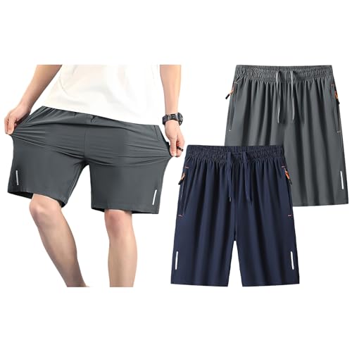 Jamron Herren Übergröße 2er Pack Laufshorts Gym Fitness Sports Shorts Leichte Kurze Hose mit Taschen und Reflektorstreifen Grau + Blau 4XL von Jamron