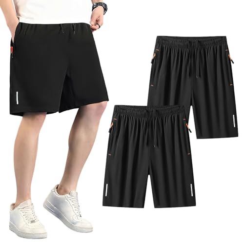 Jamron Herren 2er Pack Laufshorts Gym Fitness Sports Shorts Leichte Kurze Hose mit Taschen und Reflektorstreifen Schwarz + Schwarz 3XL von Jamron