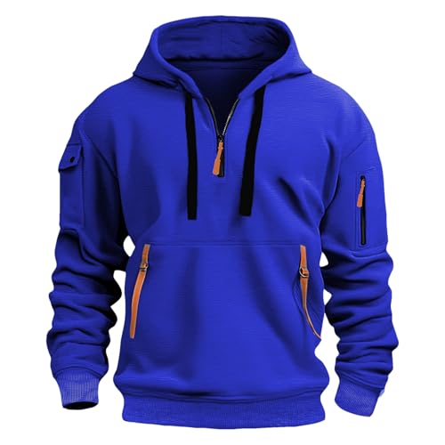 Jamron Herren Übergröße Kapuzenpullover Sweatshirt mit Viertel Reißverschluss Casual Sport Kapuzenjacke mit Vielen Taschen SN0708243 Blau 4XL von Jamron