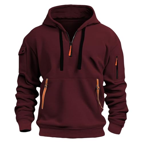 Jamron Herren Übergröße Kapuzenpullover Sweatshirt mit Viertel Reißverschluss Casual Sport Kapuzenjacke mit Vielen Taschen SN0708243 Burgund 5XL von Jamron