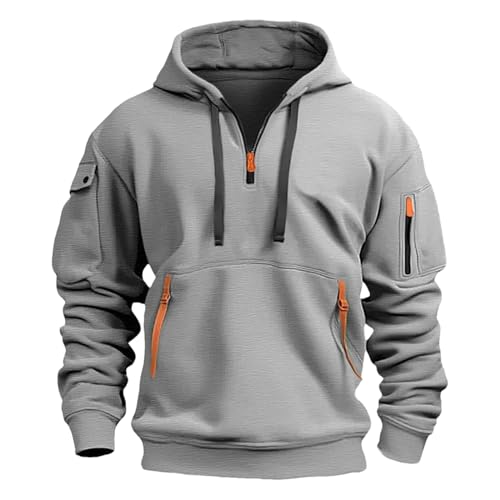 Jamron Herren Übergröße Kapuzenpullover Sweatshirt mit Viertel Reißverschluss Casual Sport Kapuzenjacke mit Vielen Taschen SN0708243 Hellgrau 5XL von Jamron