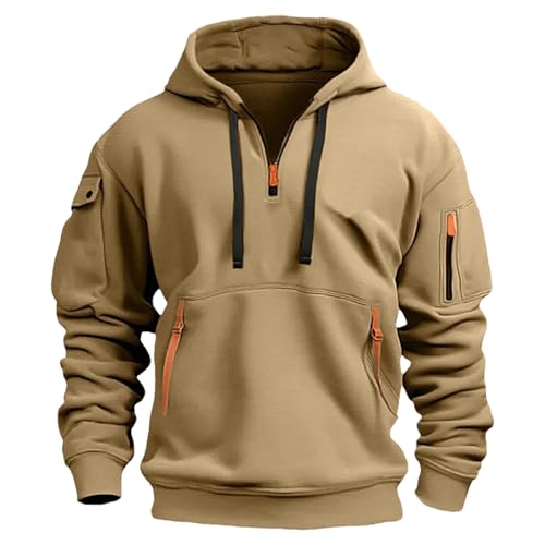 Jamron Herren Übergröße Kapuzenpullover Sweatshirt mit Viertel Reißverschluss Casual Sport Kapuzenjacke mit Vielen Taschen SN0708243 Khaki 5XL von Jamron