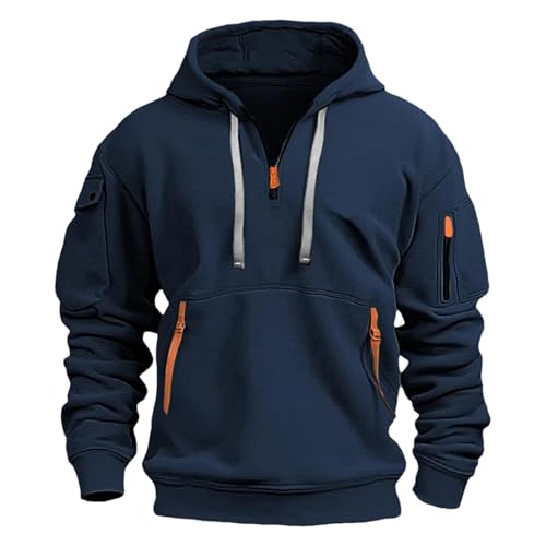 Jamron Herren Übergröße Kapuzenpullover Sweatshirt mit Viertel Reißverschluss Casual Sport Kapuzenjacke mit Vielen Taschen SN0708243 Marineblau 4XL von Jamron