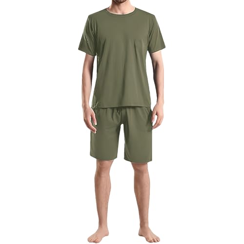 Jamron Herren Übergröße Schlafanzug Kurz Pyjama Set Kurzarm T-Shirt und Shorts Sommer Nachtwäsche Loungewear mit Taschen Armeegrün M von Jamron